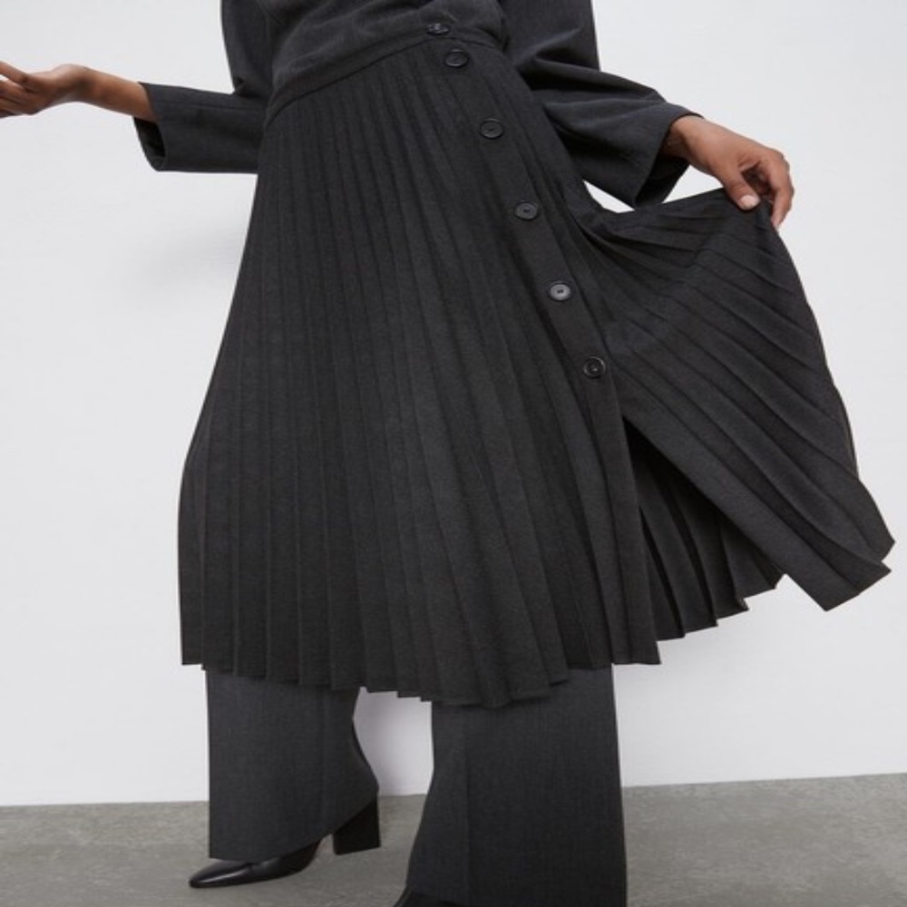 ZARA PLEATED BUTTONED SKIRT DARK GRAY Midi M
